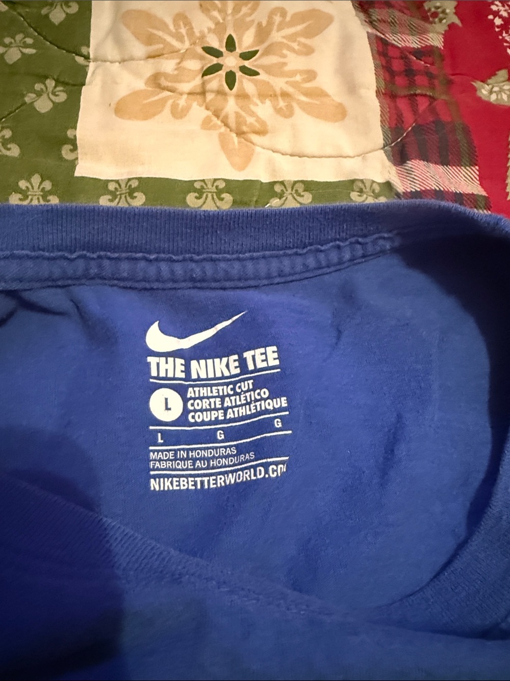 Nike Blue Tee with Neon Yellow-Green Swoosh and Text - Picture 2 of 3